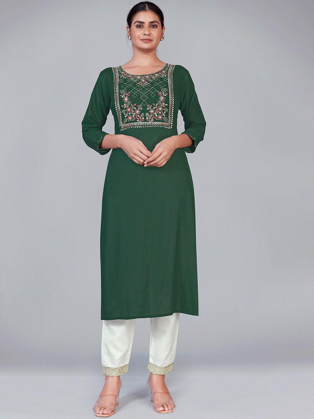 monjolika fashion women green floral sequinned kurta with trousers