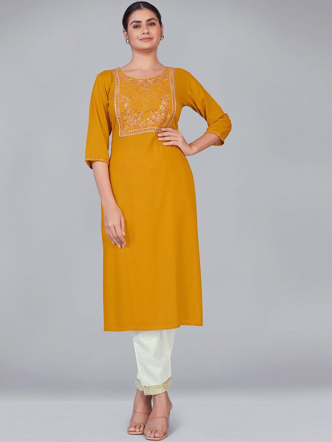 monjolika fashion women mustard yellow yoke design kurta with trousers