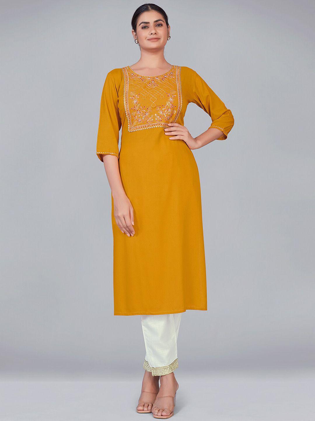monjolika fashion women mustard yellow yoke design kurta with trousers