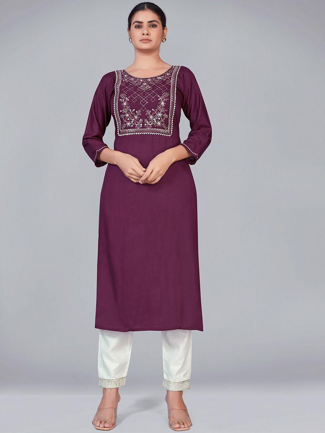 monjolika fashion women purple yoke design straight kurta with trousers