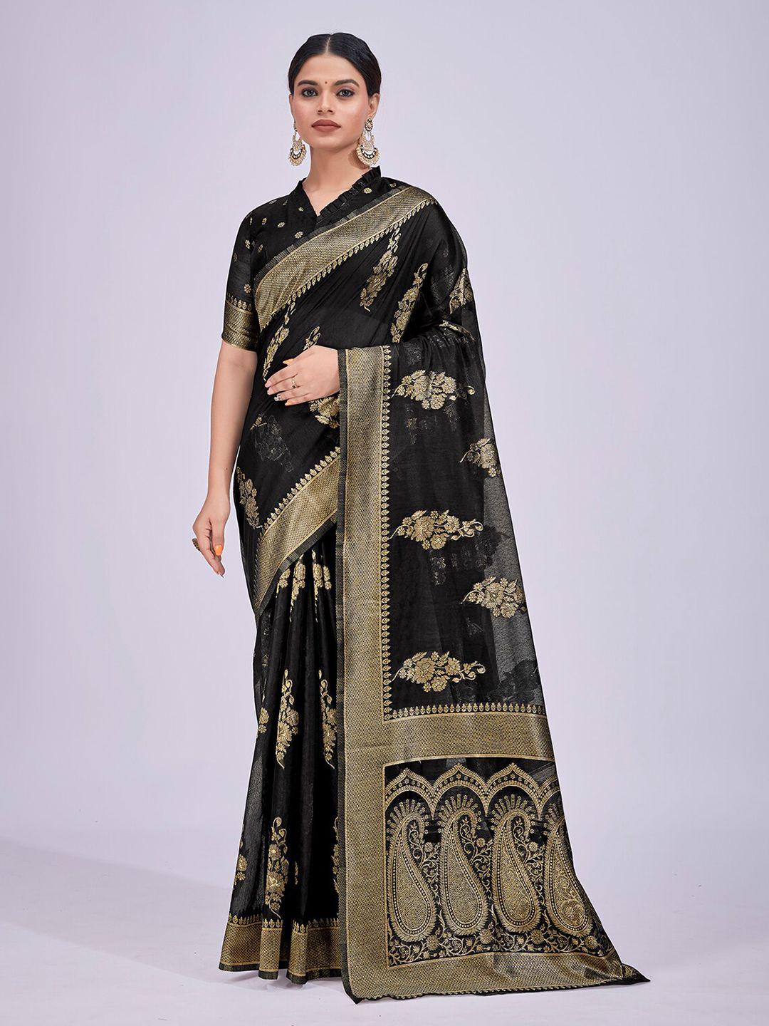 monjolika fashion black & gold-toned woven design zari banarasi saree