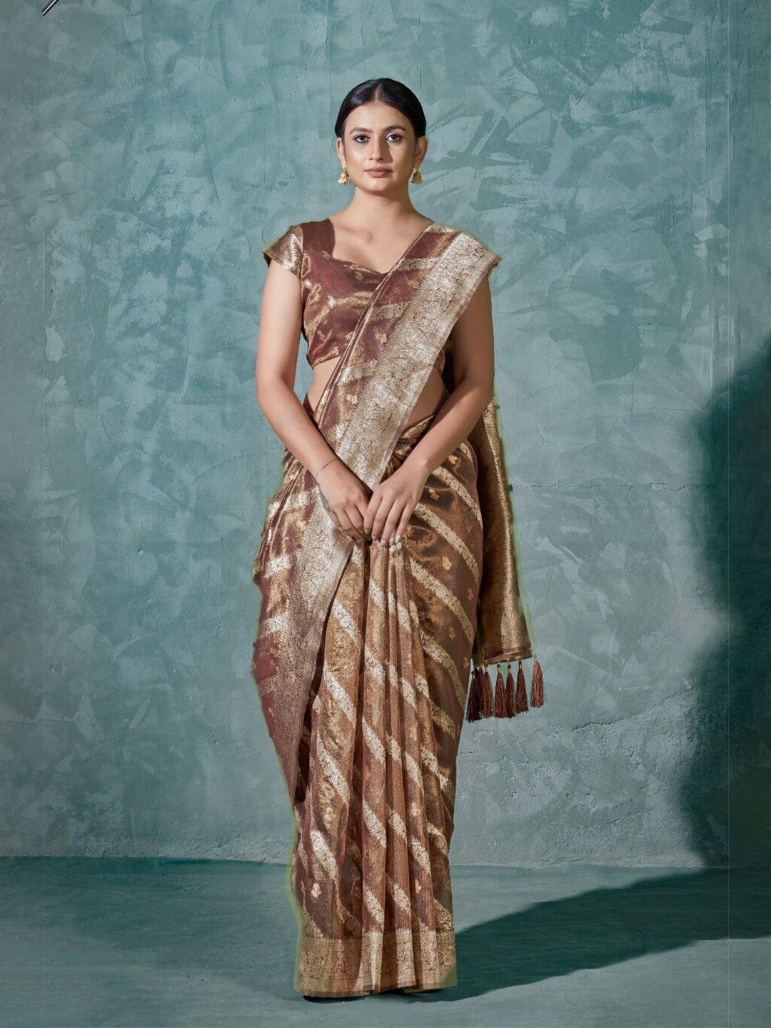 monjolika fashion coffee brown & bronze-toned woven design zari bomkai silk saree