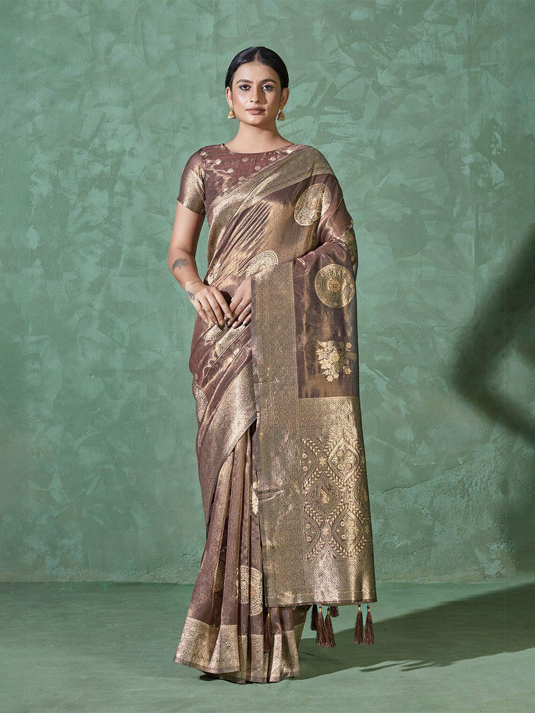 monjolika fashion coffee brown & green woven design zari ready to wear bomkai silk saree