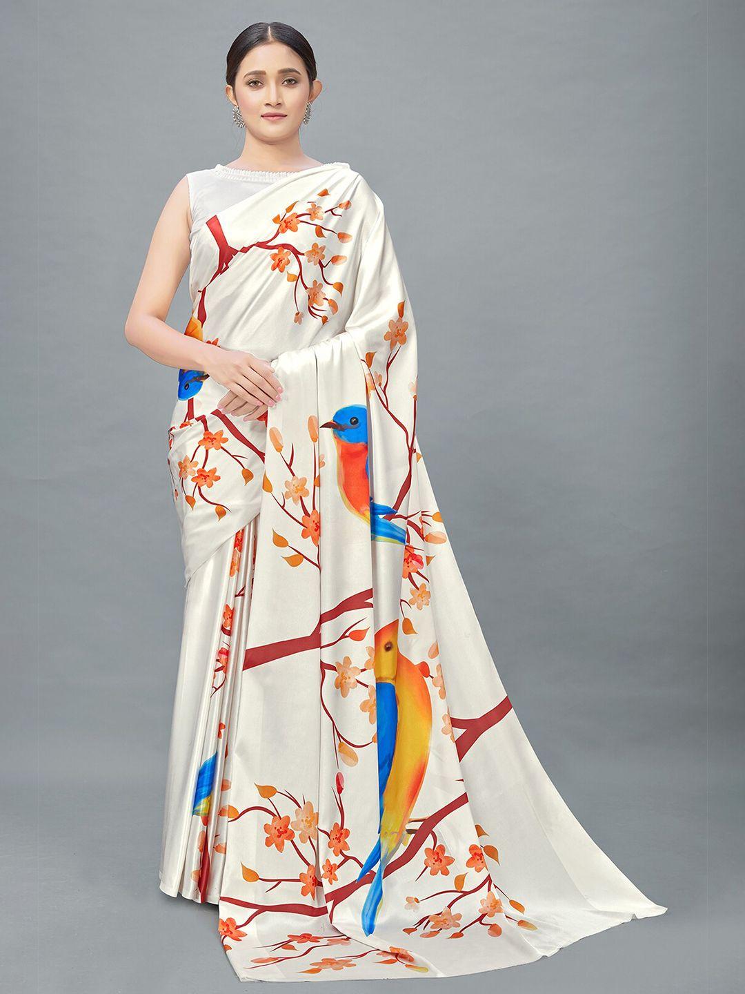 monjolika fashion cream-coloured & blue floral digital printed satin saree