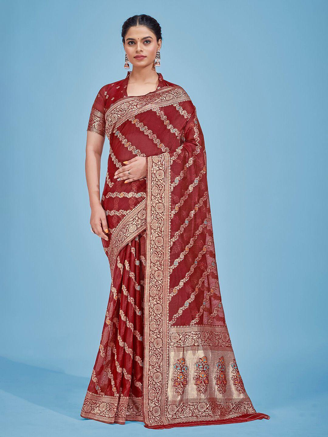 monjolika fashion floral embroidered zari leheriya saree
