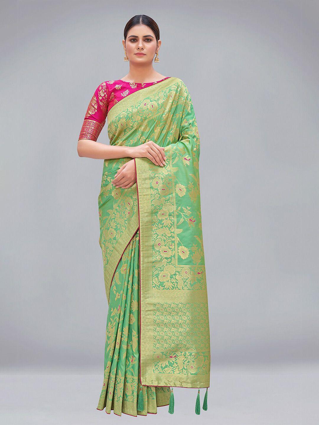 monjolika fashion green & pink ethnic motifs pure silk banarasi saree