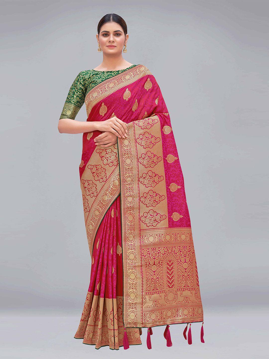 monjolika fashion magenta & gold-toned woven design pure silk banarasi saree