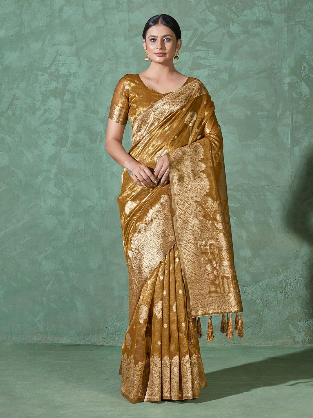 monjolika fashion mustard & gold-toned woven design zari bomkai silk saree