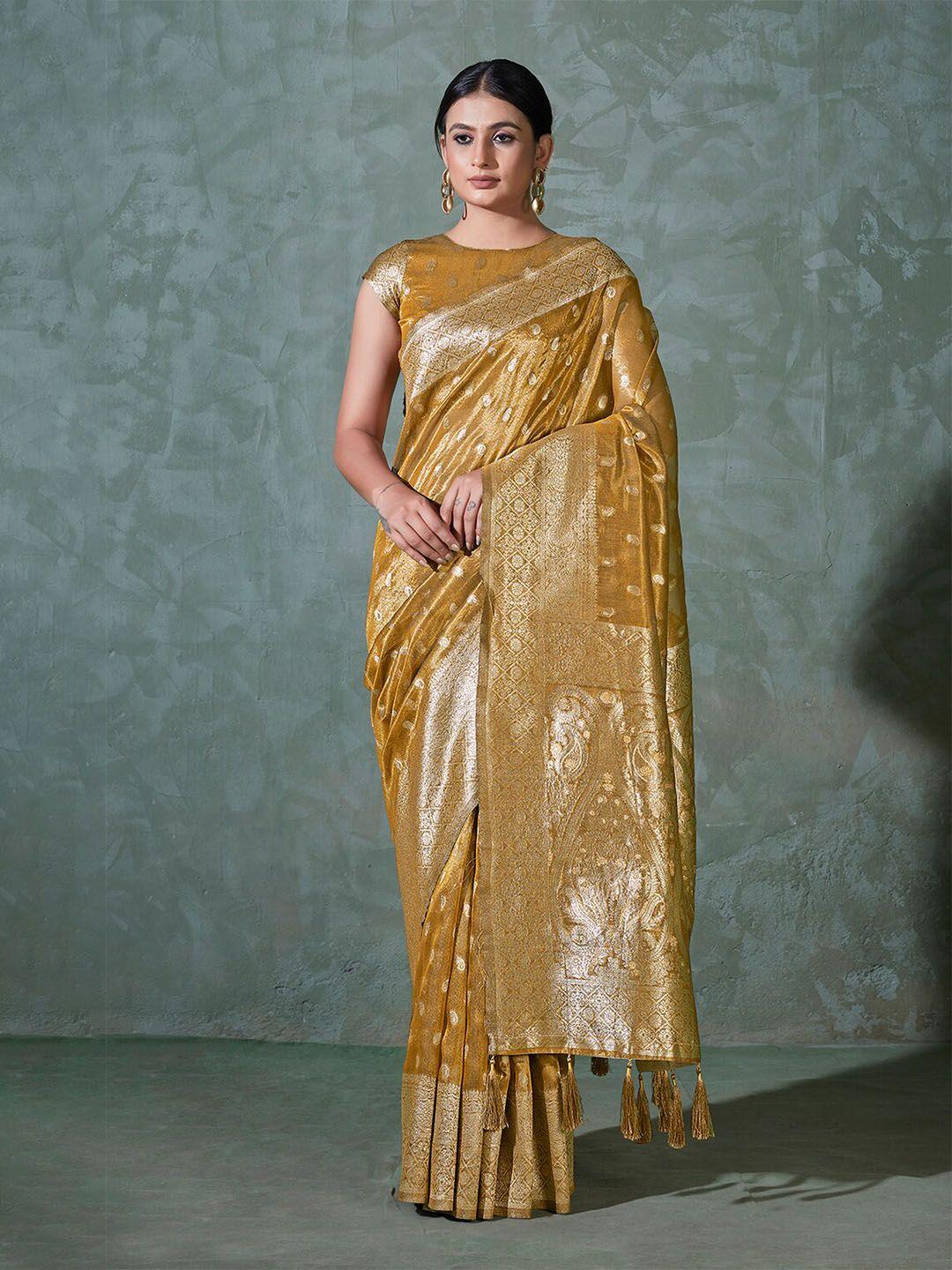 monjolika fashion mustard & gold-toned woven design zari bomkai silk saree