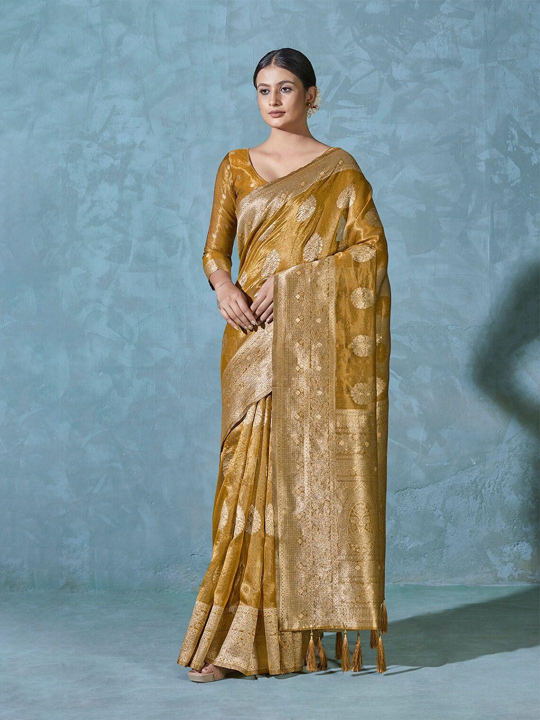 monjolika fashion mustard & gold-toned woven design zari ready to wear bomkai silk saree