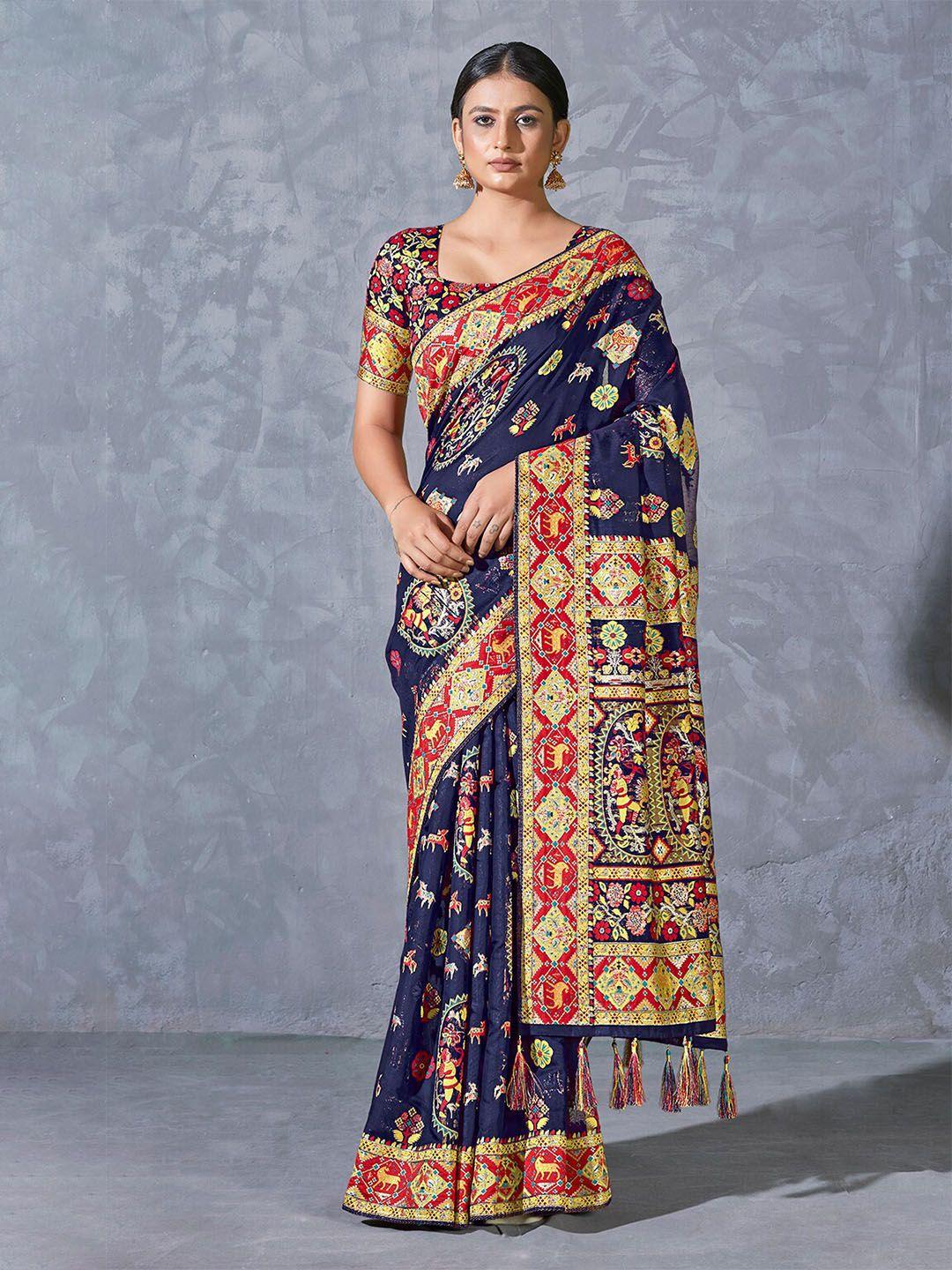 monjolika fashion navy blue & yellow ethnic motifs bomkai silk saree