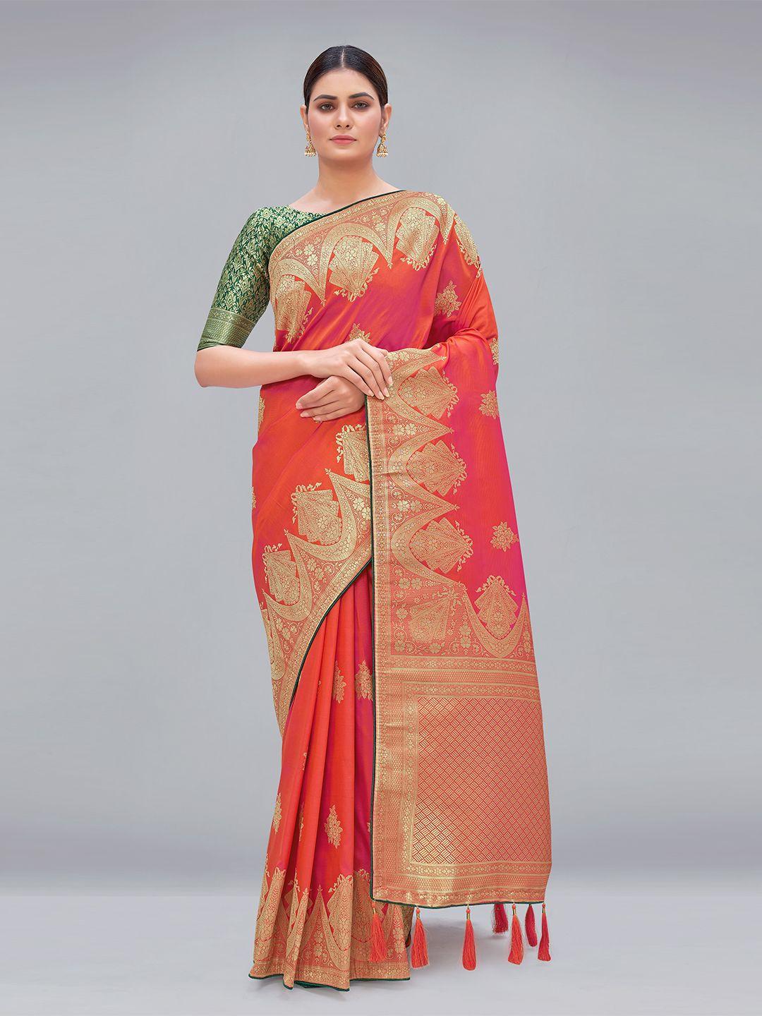 monjolika fashion orange & magenta ethnic motifs zari pure silk banarasi saree