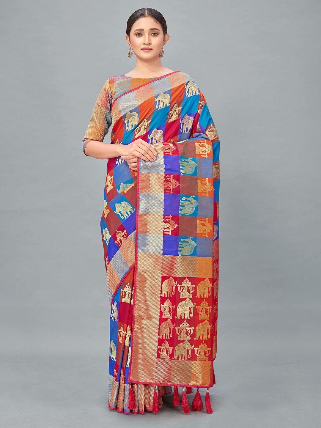 monjolika fashion orange & red woven design silk blend banarasi saree