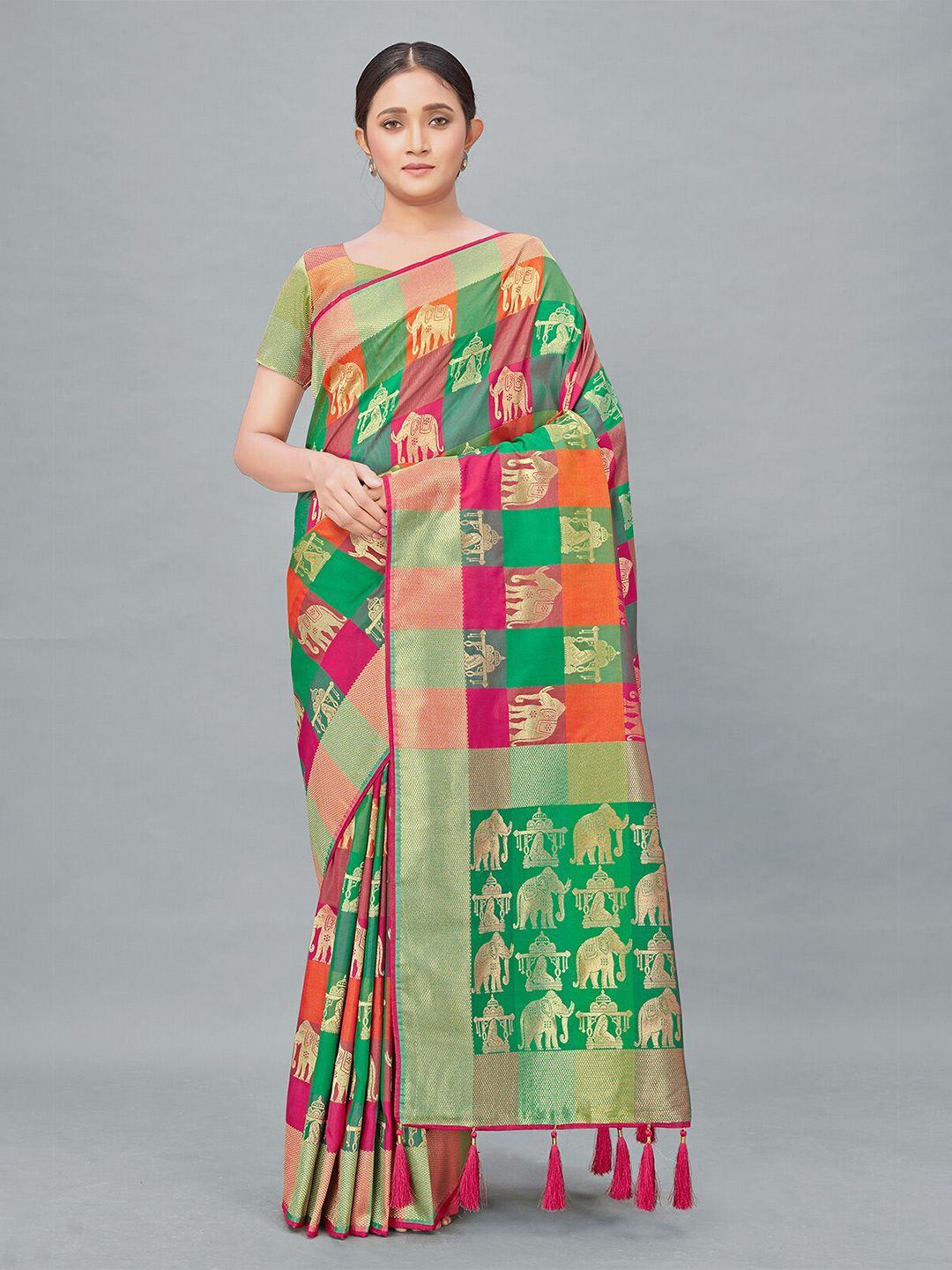 monjolika fashion pink & green woven design zari silk blend banarasi saree