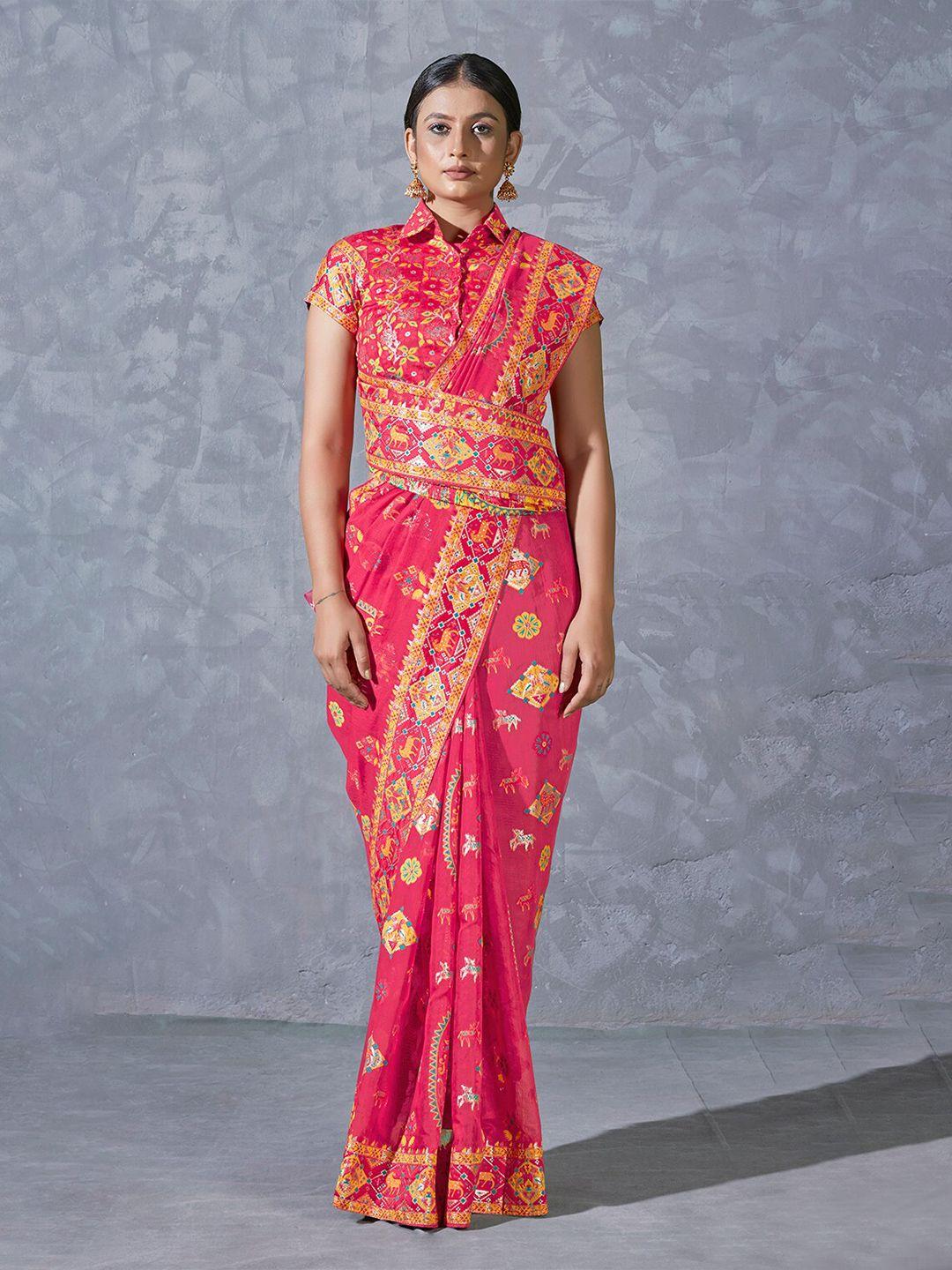 monjolika fashion pink & yellow woven design zari bomkai silk saree
