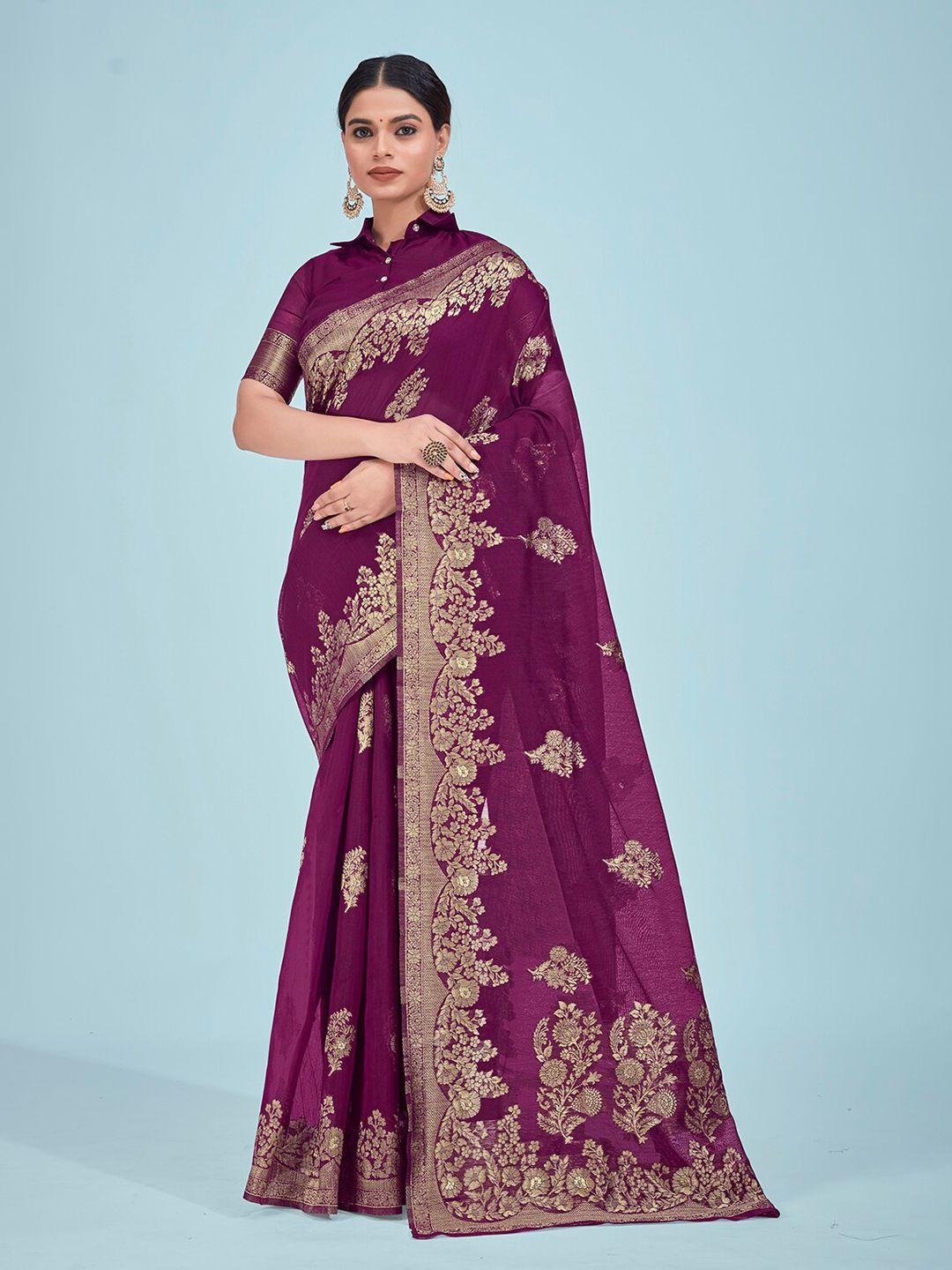 monjolika fashion purple & gold-toned woven design zari banarasi saree