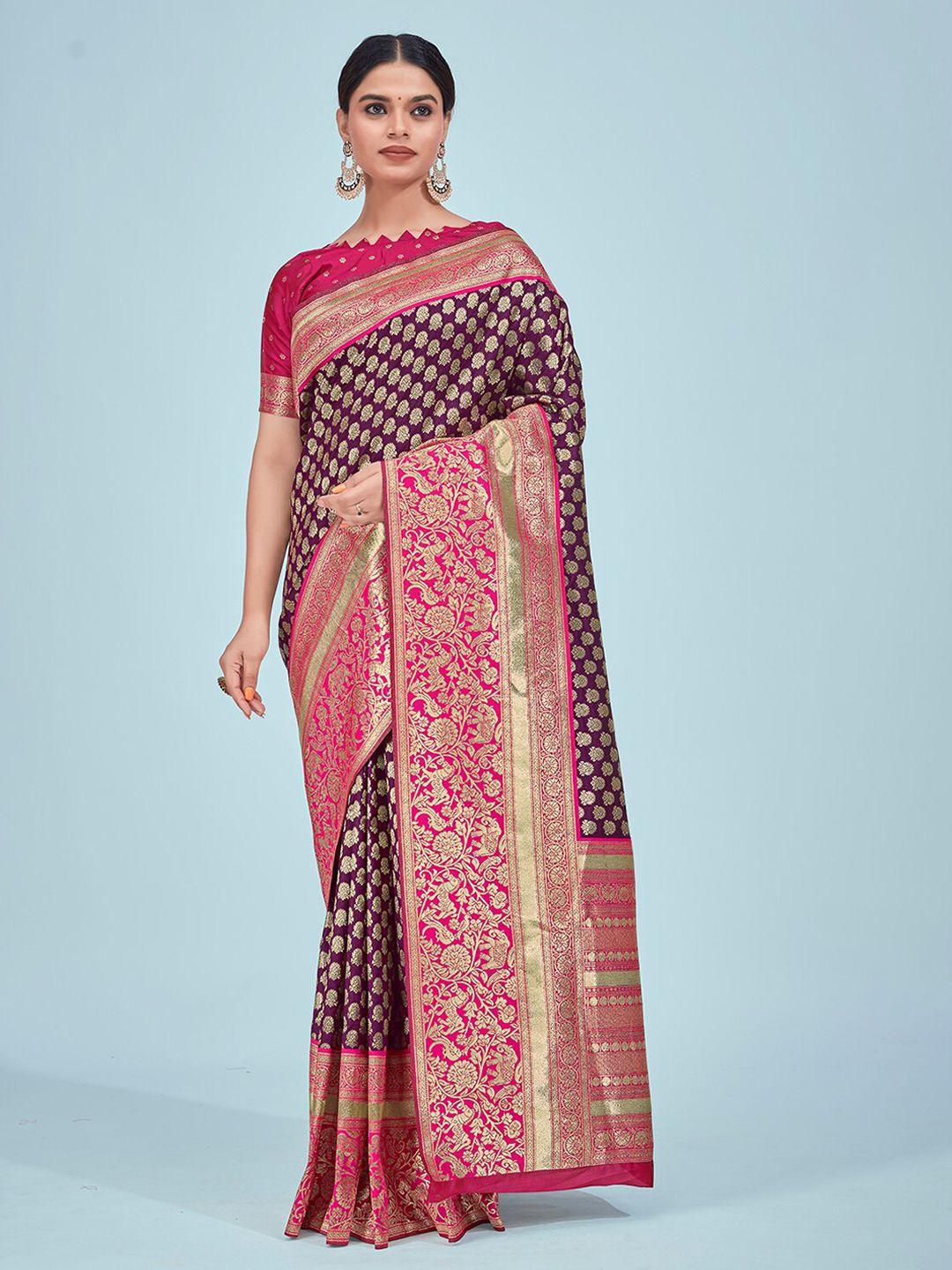monjolika fashion purple & magenta woven design zari silk blend kanjeevaram saree