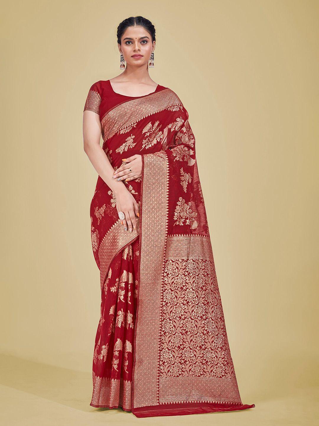 monjolika fashion red & gold-toned woven design zari banarasi saree