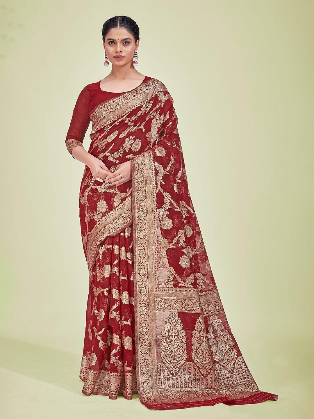 monjolika fashion red & gold-toned woven design zari banarasi saree