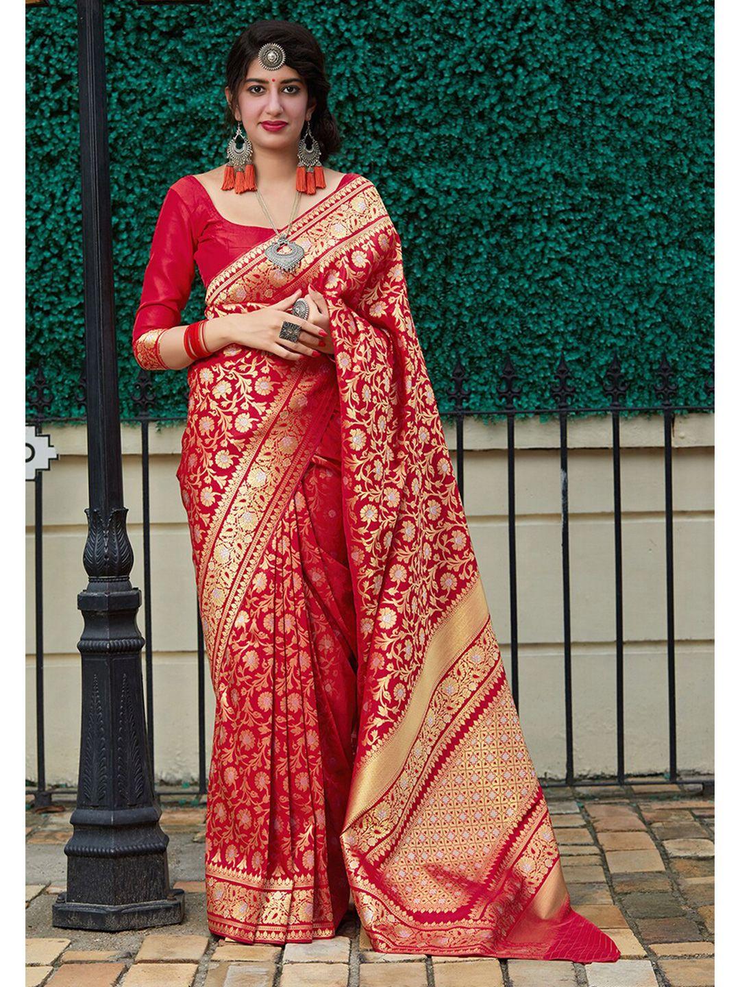 monjolika fashion red & gold-toned woven design zari silk blend banarasi saree