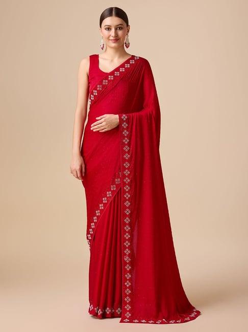 monjolika fashion red embellished saree with blouse