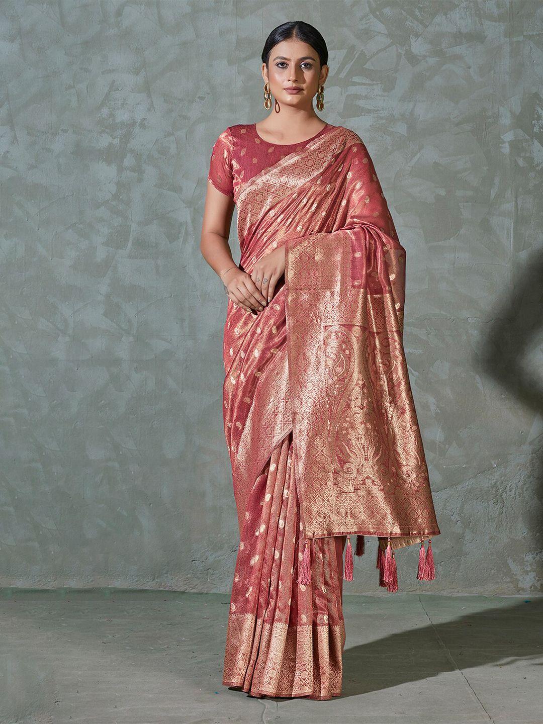 monjolika fashion rust & gold-toned woven design zari bomkai silk saree