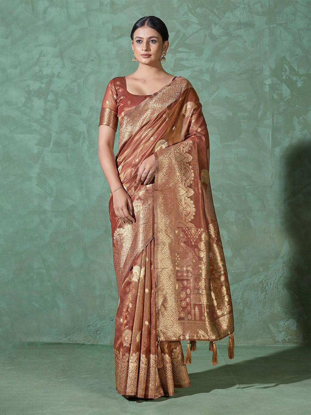 monjolika fashion rust & gold-toned woven design zari bomkai silk saree