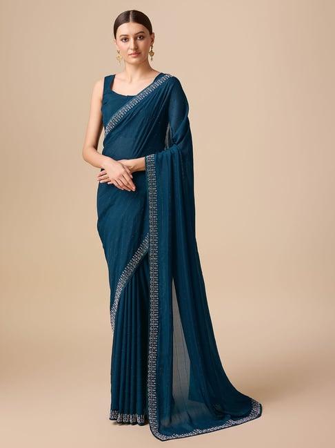 monjolika fashion teal embellished saree with blouse