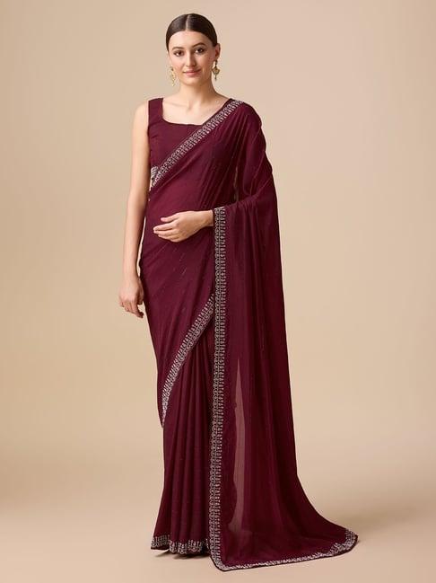 monjolika fashion wine embellished saree with blouse