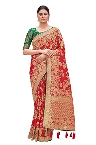 monjolika fashion women's banarasi silk blend woven zari with saree and unsttiched jacquard blouse piece (37765 color) (red)