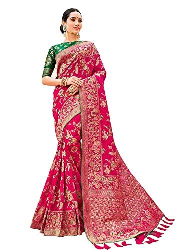 monjolika fashion women's banarasi silk blend woven zari with tussles saree and jacquard woven blouse piece (37765 color) (magenta)