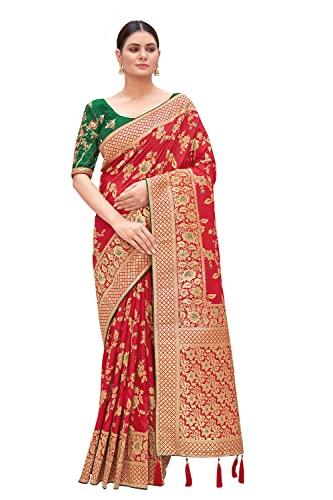 monjolika fashion women's banarasi silk blend zari woven work with tussles saree and embroidered work blouse piece (37769 color) (red)