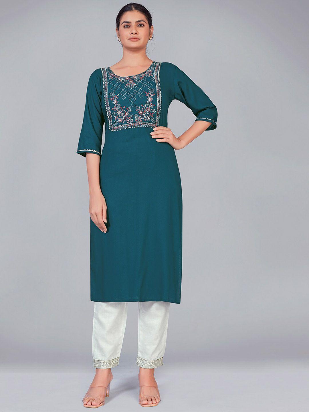 monjolika fashion women teal floral yoke design kurta with trousers