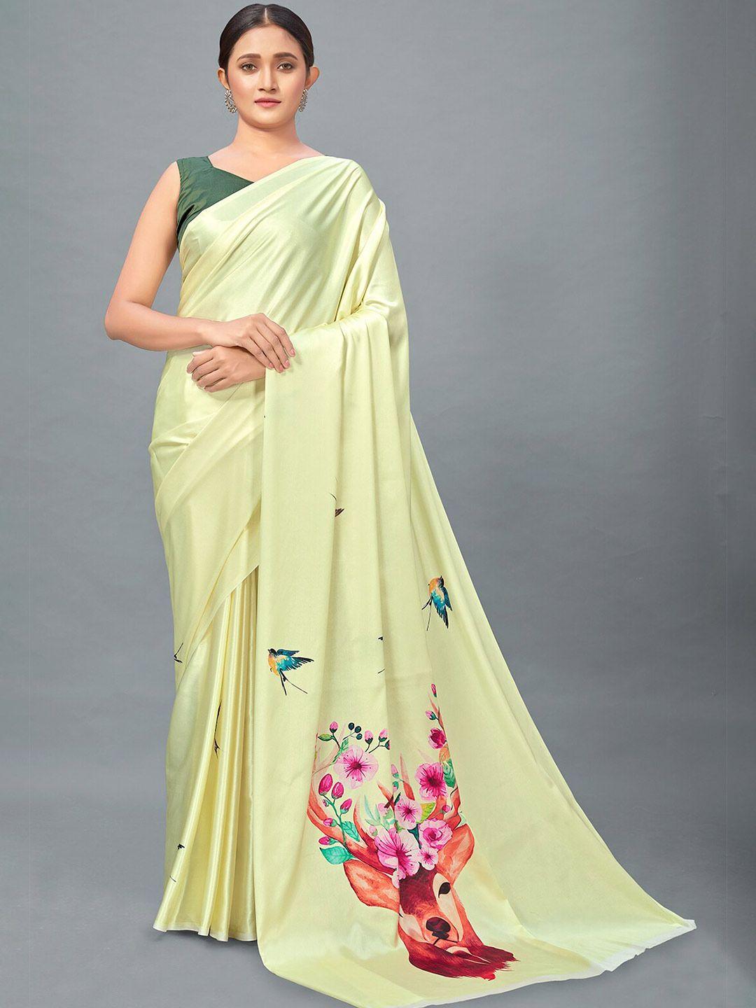 monjolika fashion yellow & pink floral digital print satin saree
