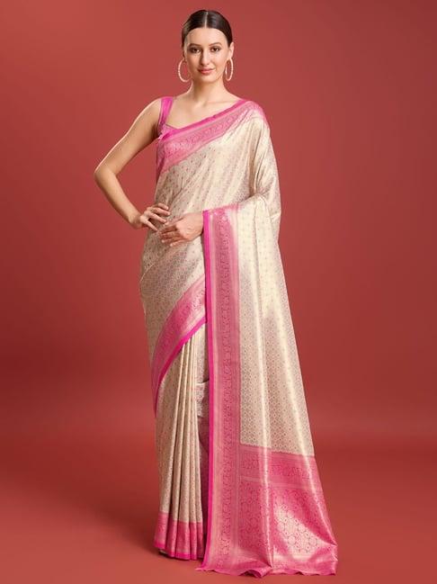 monjolika off white and pink kanjivaram silk zari woven saree with blouse