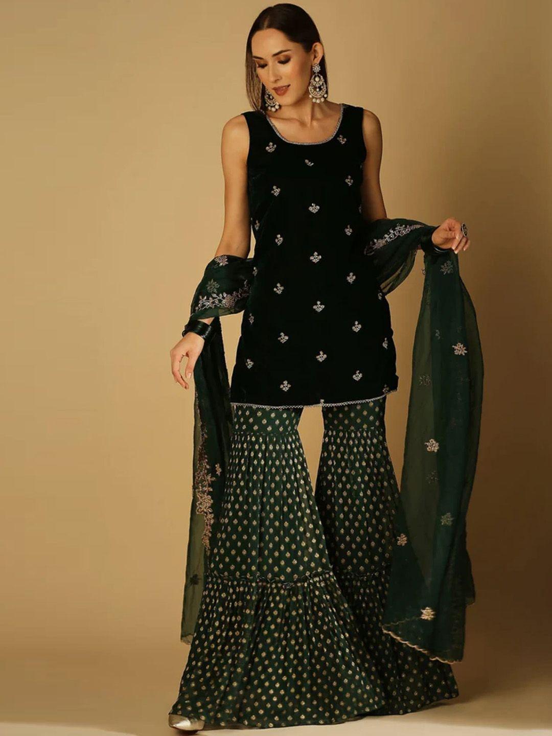 monk & mei floral embroidered velvet kurti with sharara & dupatta