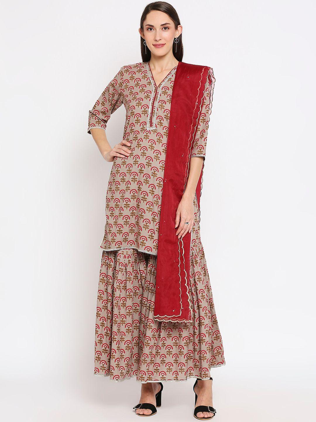 monk & mei women grey ethnic motifs printed pure cotton kurta with sharara & with dupatta