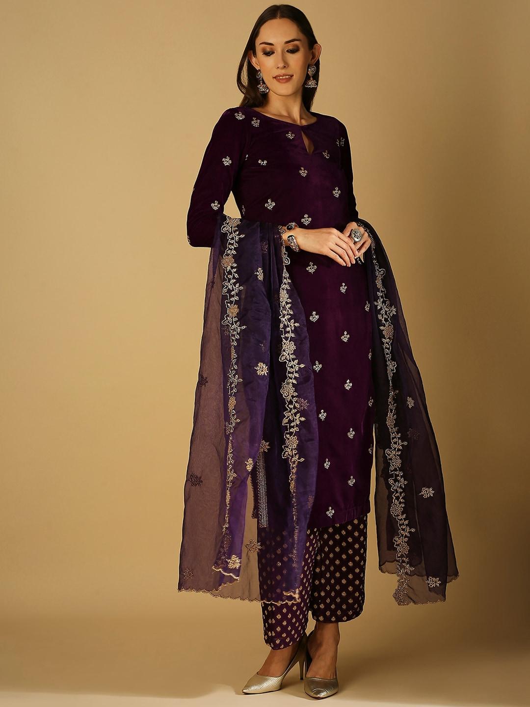 monk & mei women purple ethnic motifs embroidered regular velvet kurta with palazzos & with dupatta