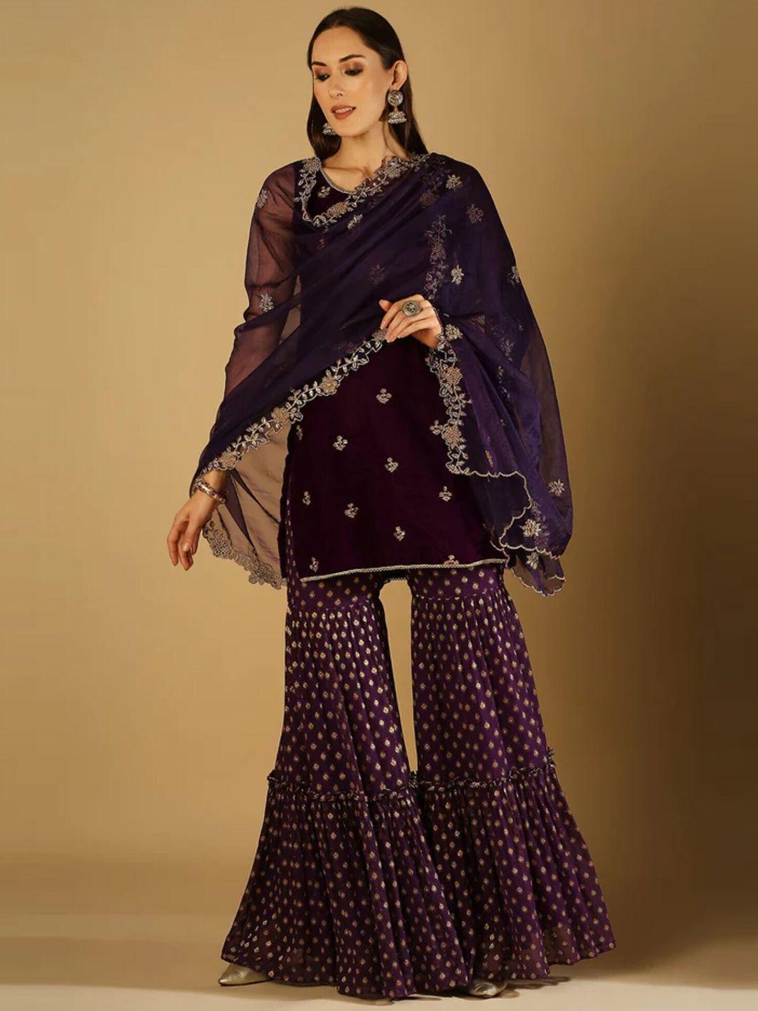 monk & mei ethnic motifs embroidered thread work velvet kurti with sharara & dupatta