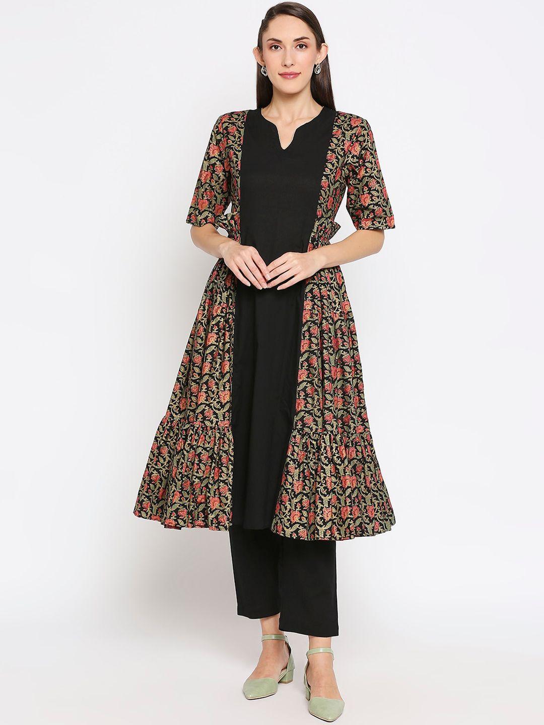 monk & mei women black & beige floral printed panelled pure cotton kurta with trousers