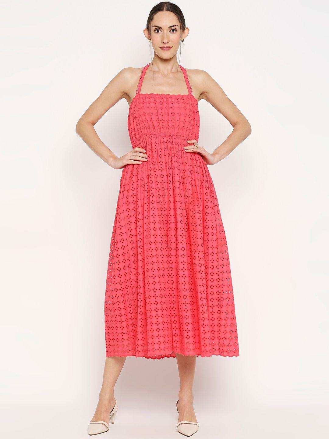 monk & mei women pink schiffli sustainable fit and flare dress