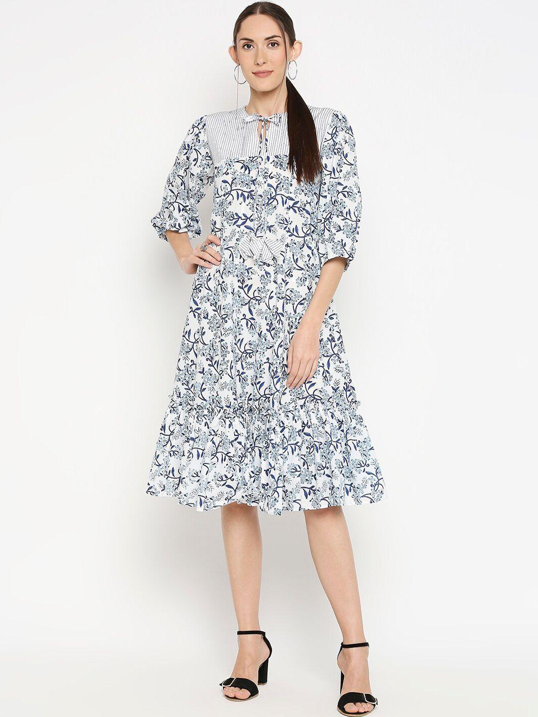 monk & mei women white & blue floral printed sustainable a-line dress