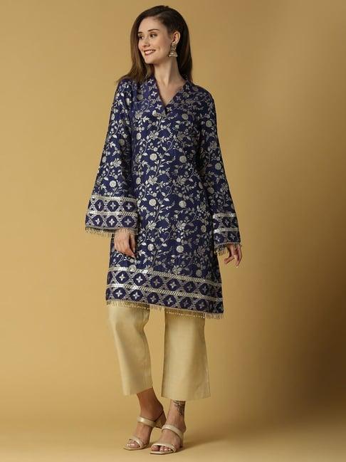 monk and mei kora kashi deep blue kavya-pakistani kurta with gold pant