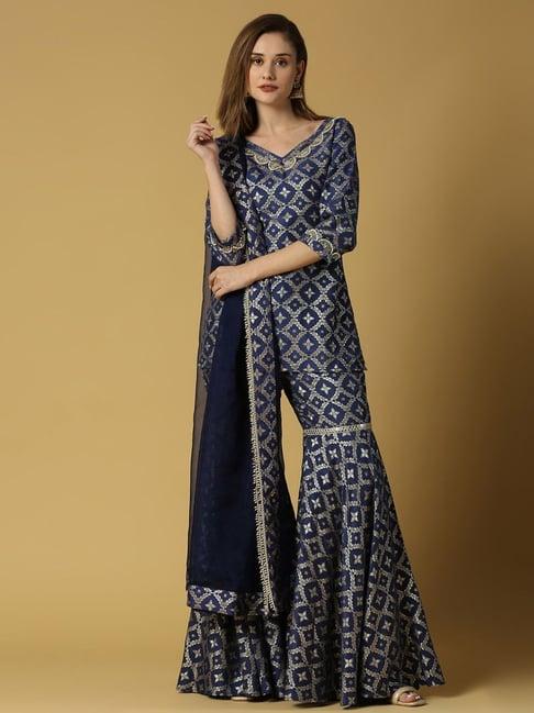 monk and mei kora kashi deep blue kaynat-brocade kurta sharara set