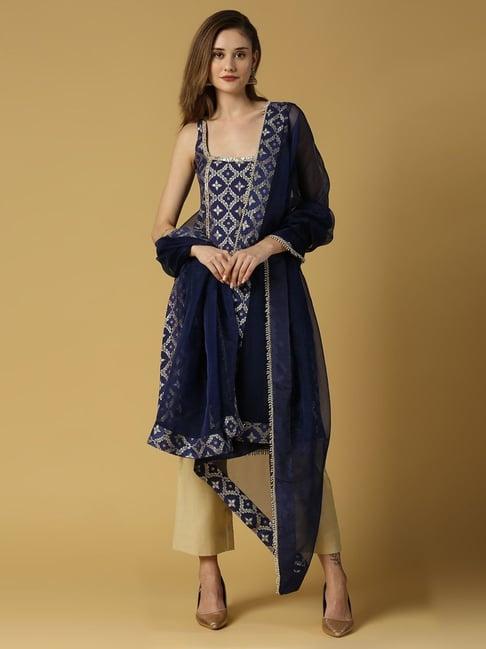 monk and mei kora kashi deep blue radha-sleeveless kurta set