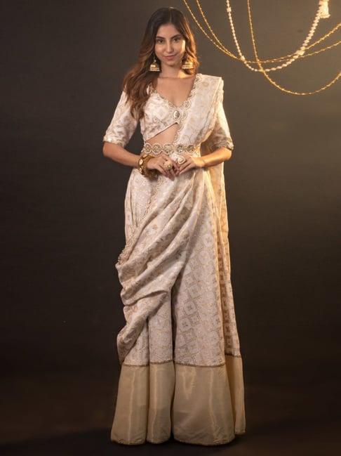 monk and mei soul of swan white and gold daisy brocade sharara saree set