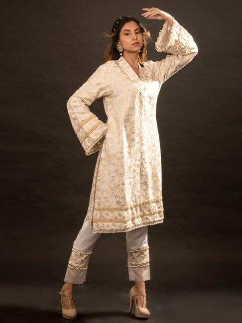 monk and mei soul of swan white and gold gracy pakistani kurta set