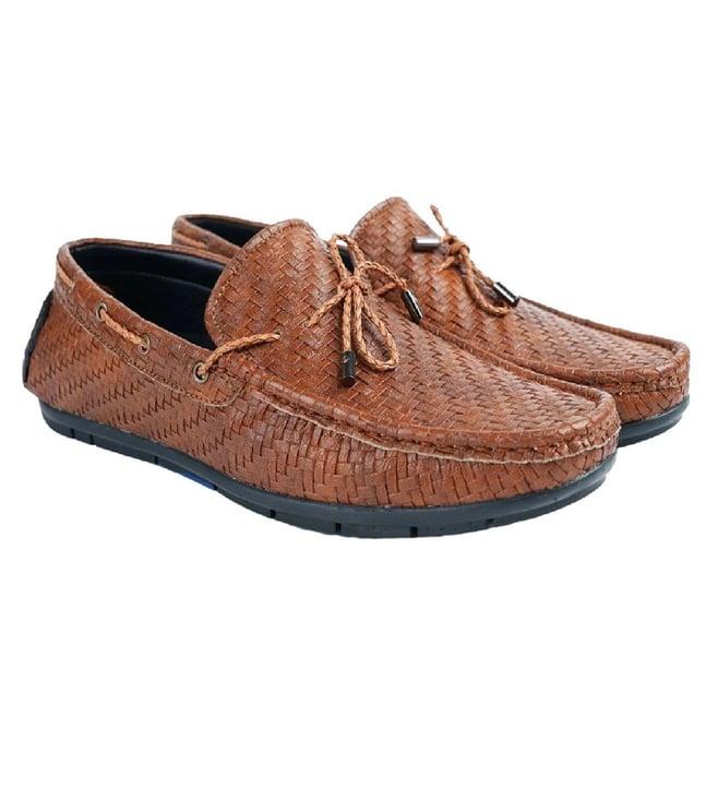 monkstory tan patterned square driving shoes