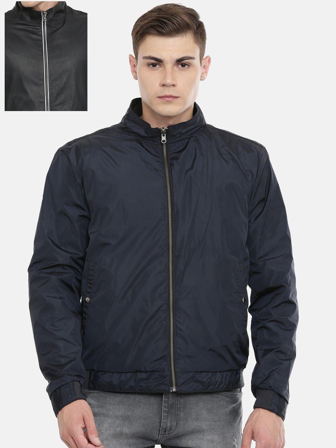monochrome men black & navy blue reversible leather bomber jacket