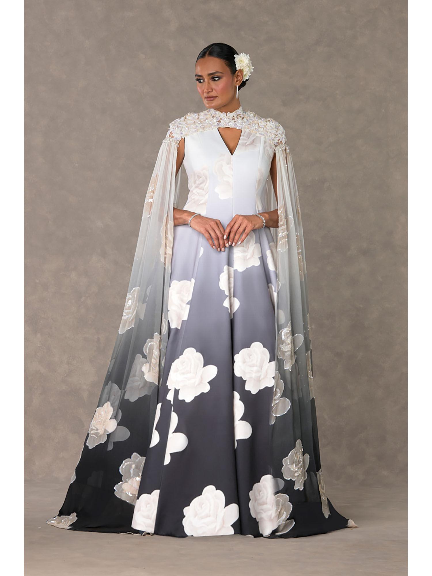 monochrome gulaab gown with cape & inner skirt (set of 3)